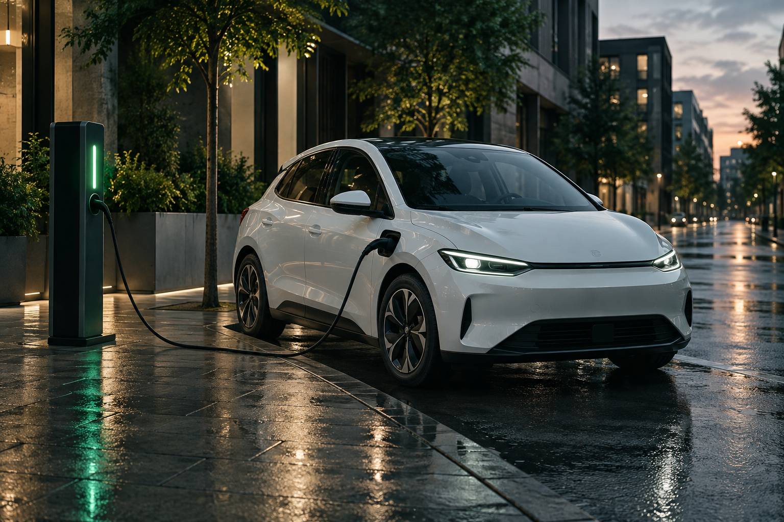 Câble de recharge branché sur une citadine électrique blanche à la borne