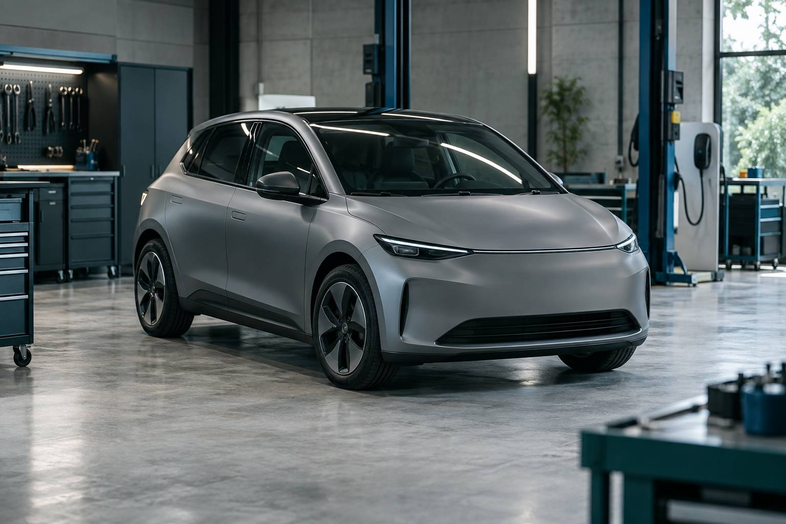 Citadine electrique generique sans marquage vue de trois-quarts en atelier