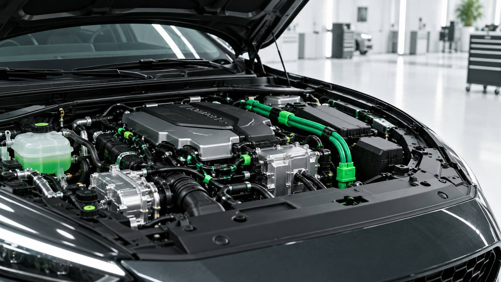 Détail du moteur hybride d'un grand SUV familial