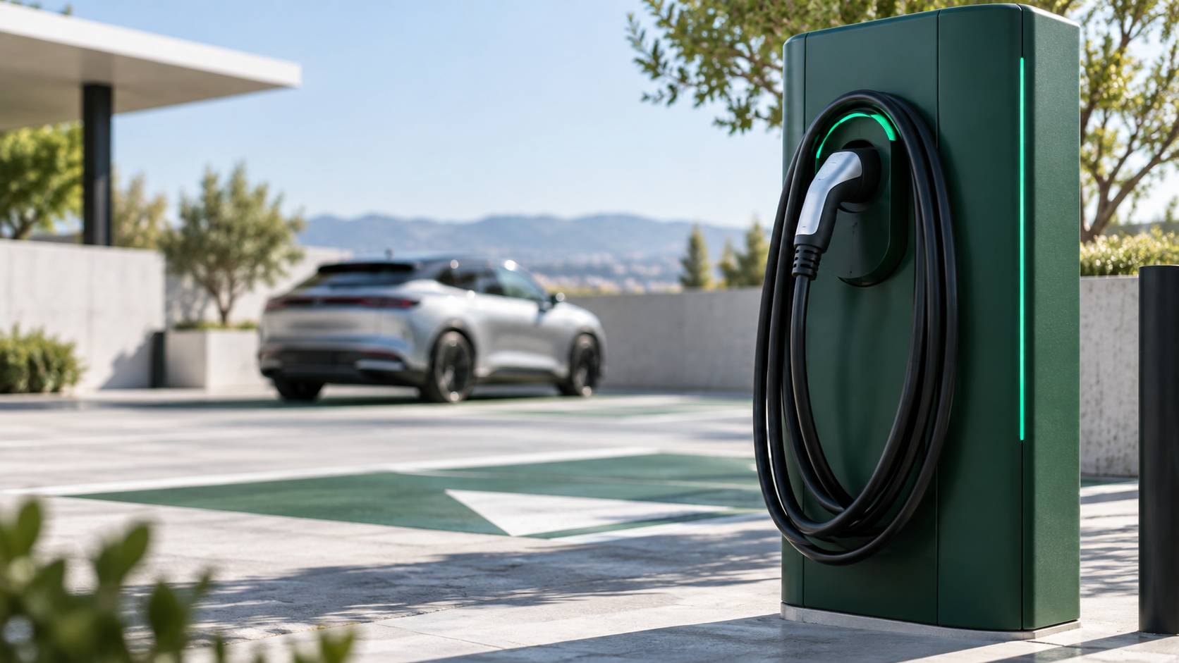 Borne de recharge électrique et son connecteur dans un centre technique