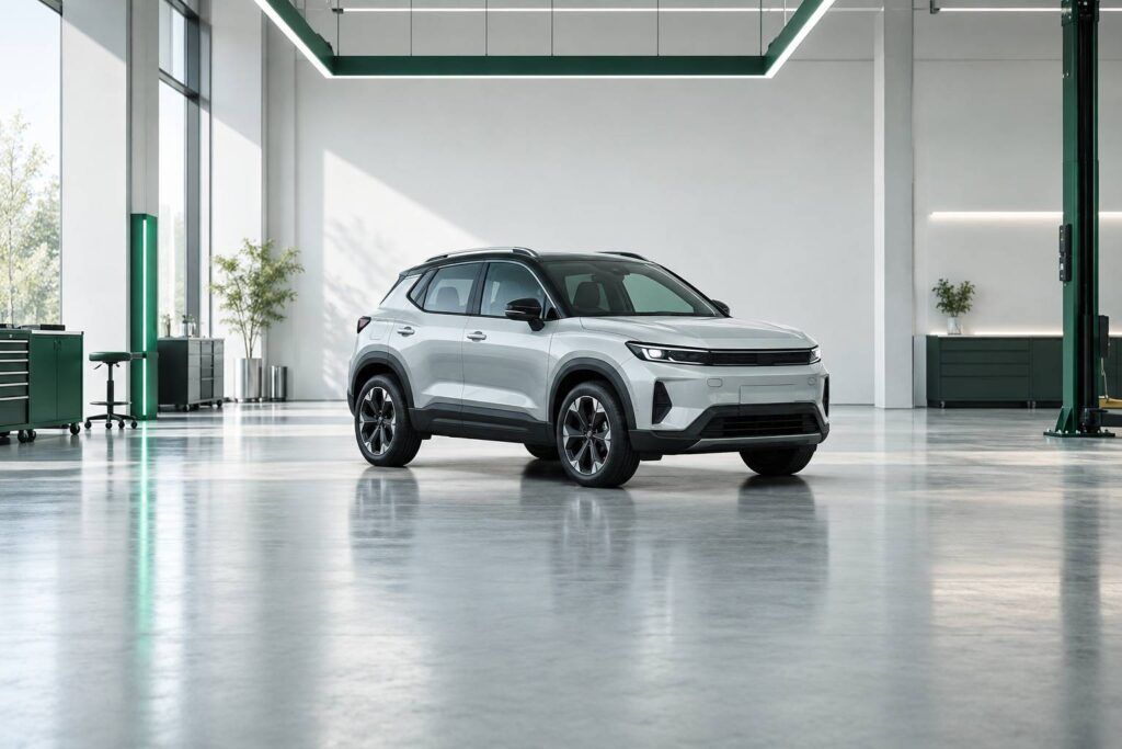 SUV compact generique stationne dans un atelier automobile lumineux