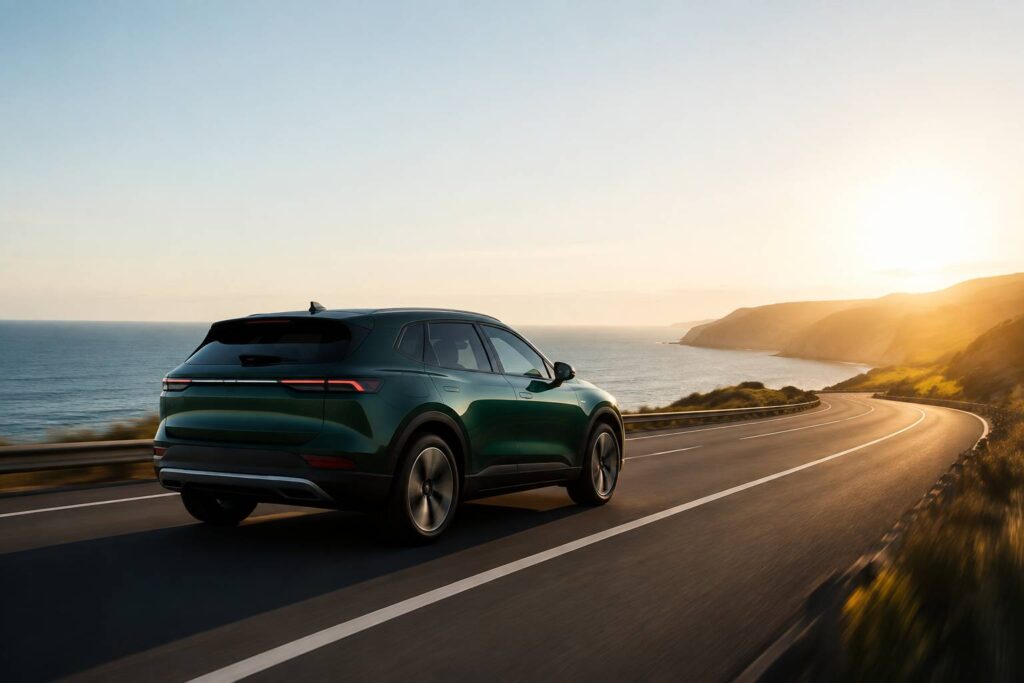 SUV électrique compact vert profond roulant sur une route côtière dégagée au soleil couchant