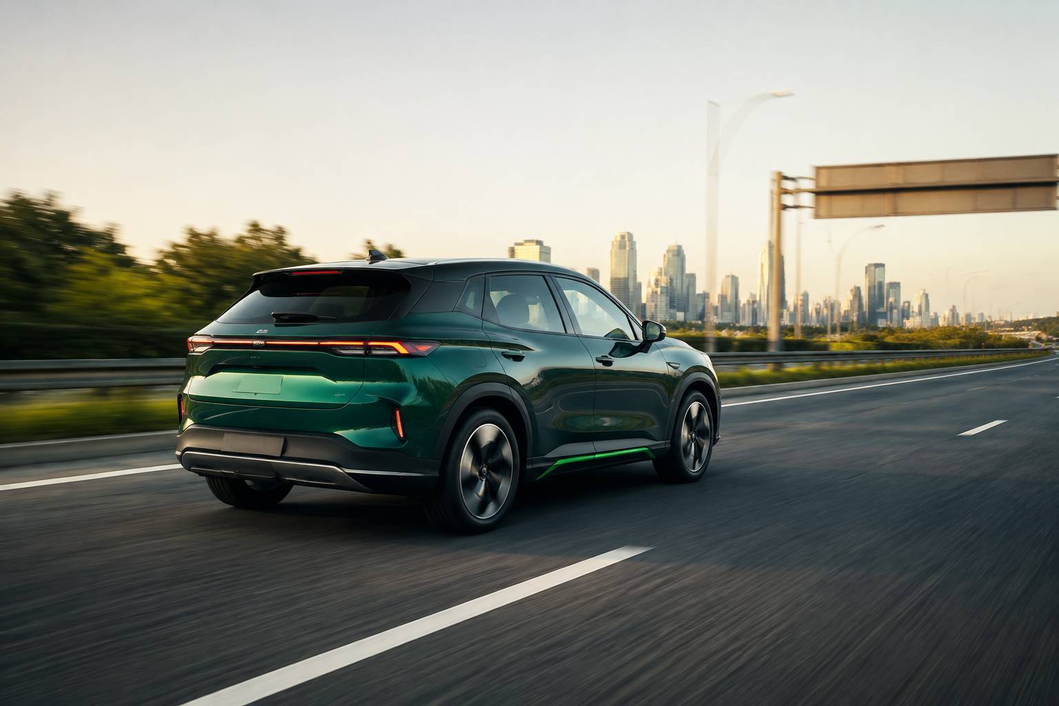 SUV électrique vert profond traversant un paysage urbain puis une autoroute dégagée