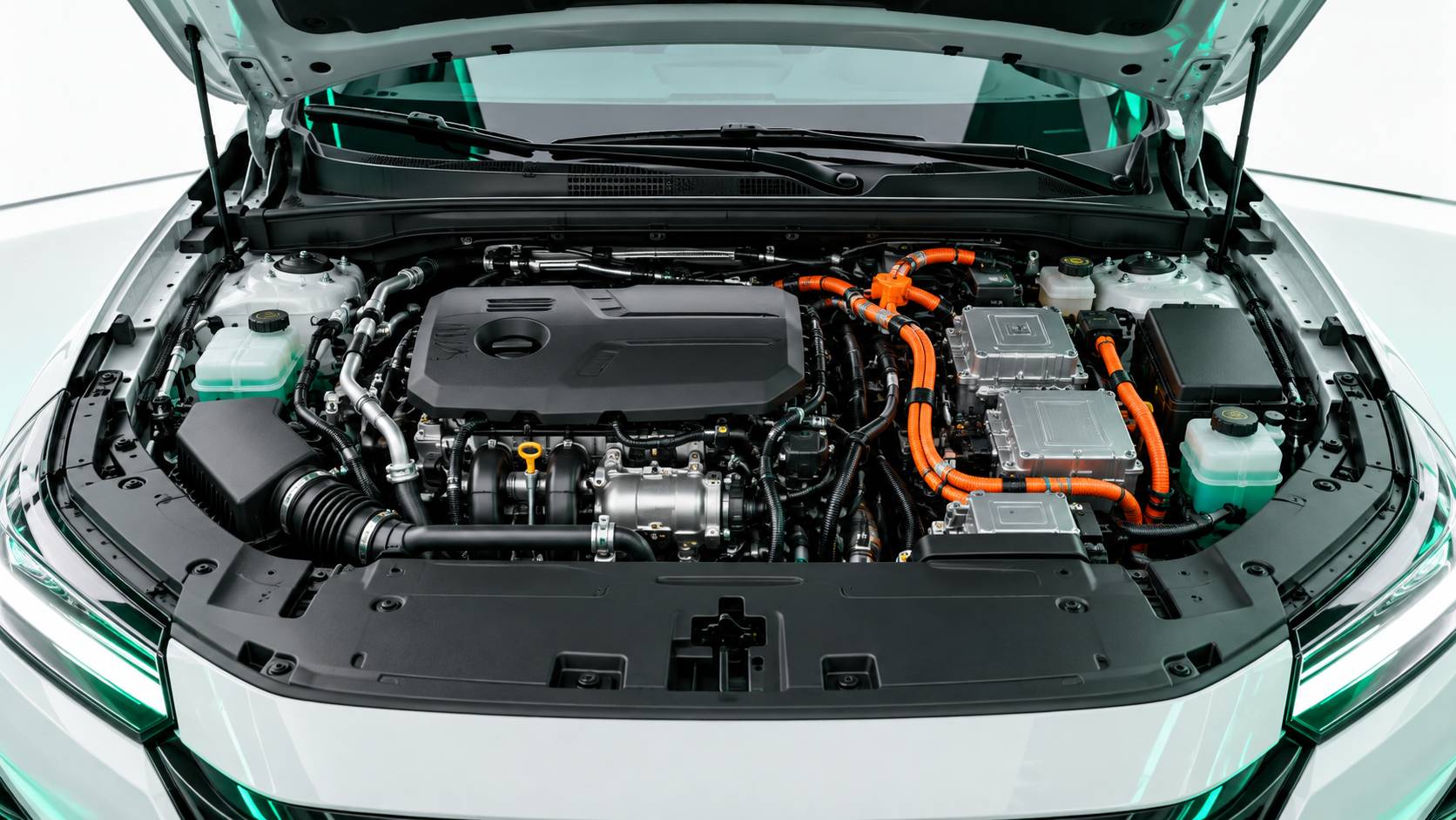Gros plan sur le compartiment moteur d'un SUV hybride générique