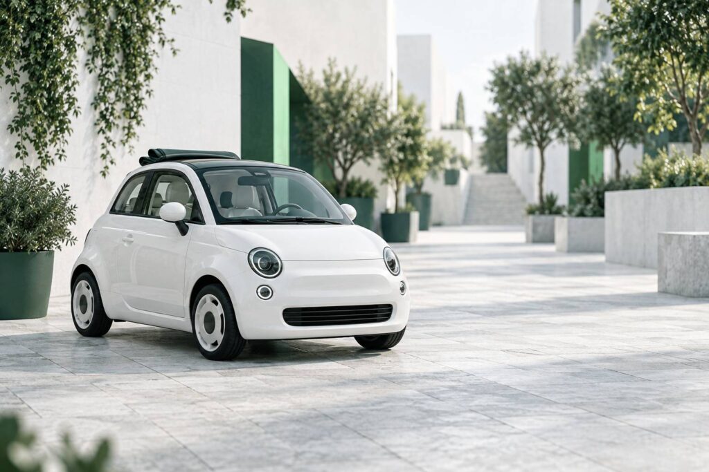 Micro-voiture électrique urbaine blanche et arrondie dans une rue piétonne pavée