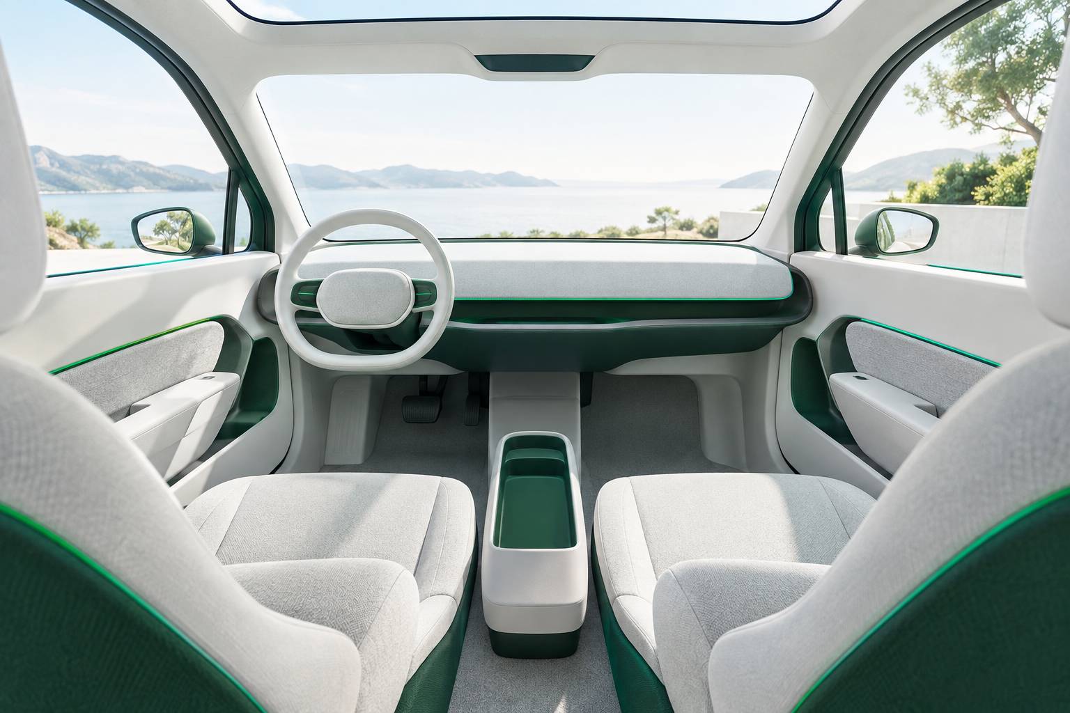 Intérieur dépouillé d'une micro-voiture électrique avec deux sièges clairs et petit volant