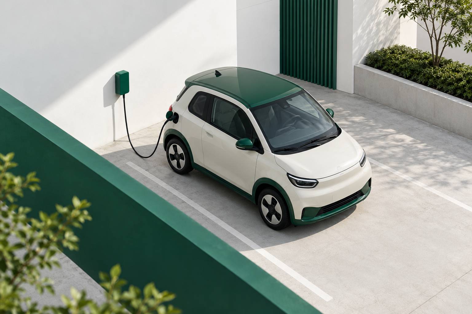 Microcitadine electrique vue de trois quarts pres d'une prise de recharge