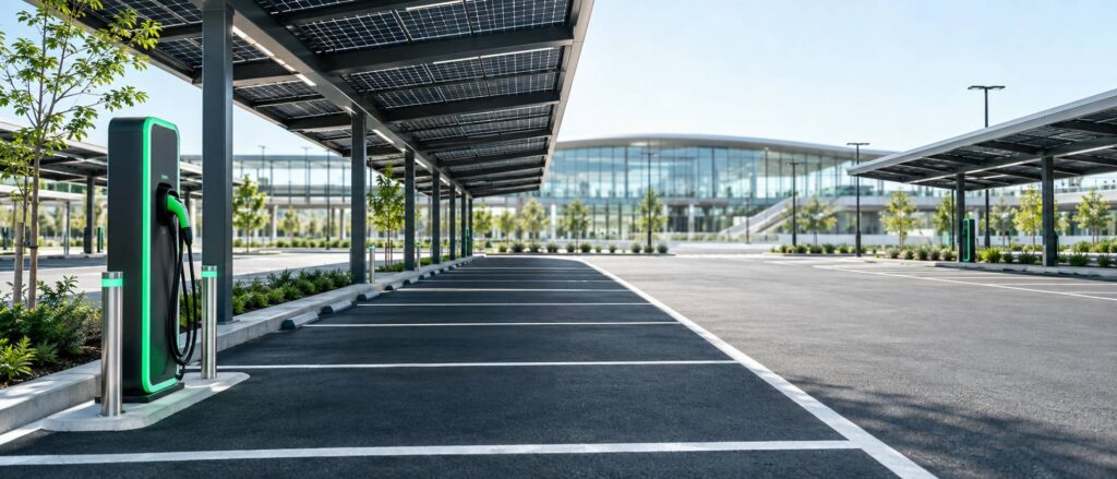 Parking relais moderne avec borne de recharge près d'une gare