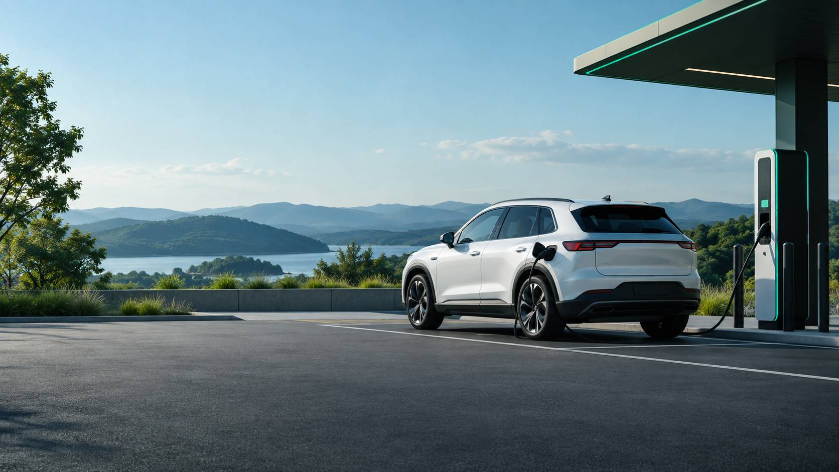 SUV électrique blanc sur route de campagne avec borne de recharge au loin
