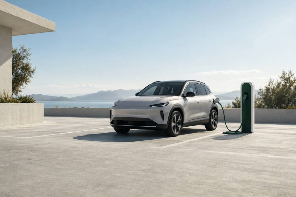 SUV compact electrique generique sans sigle stationne sur un parking aere
