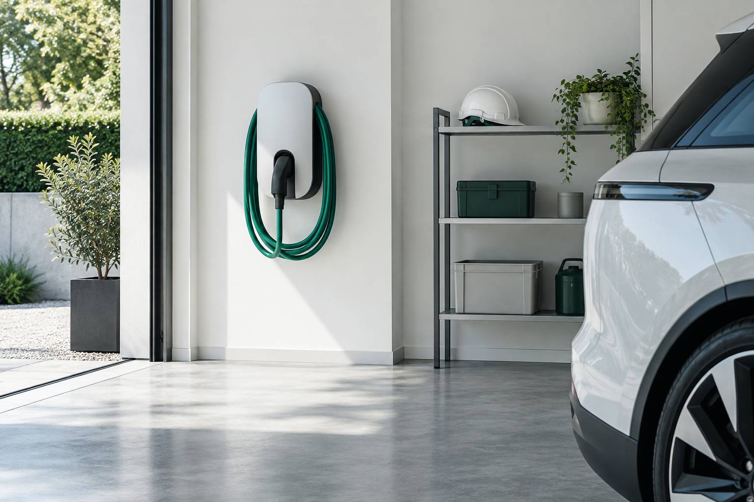 Borne de recharge murale generique et cable enroule dans un garage clair
