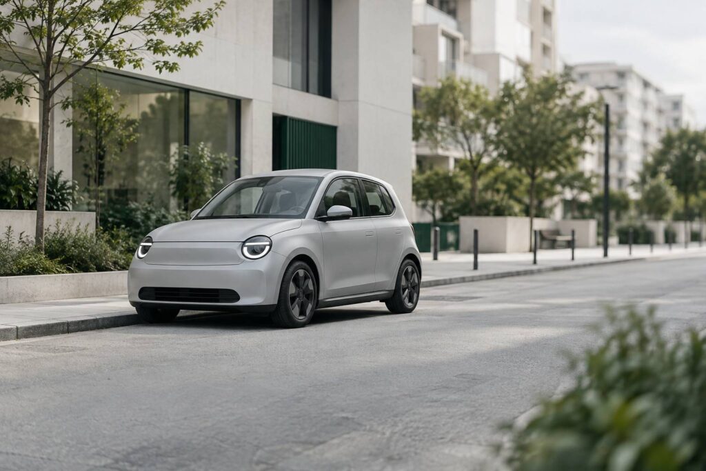 Petit vehicule urbain electrique compact sans sigle gare le long d'un trottoir