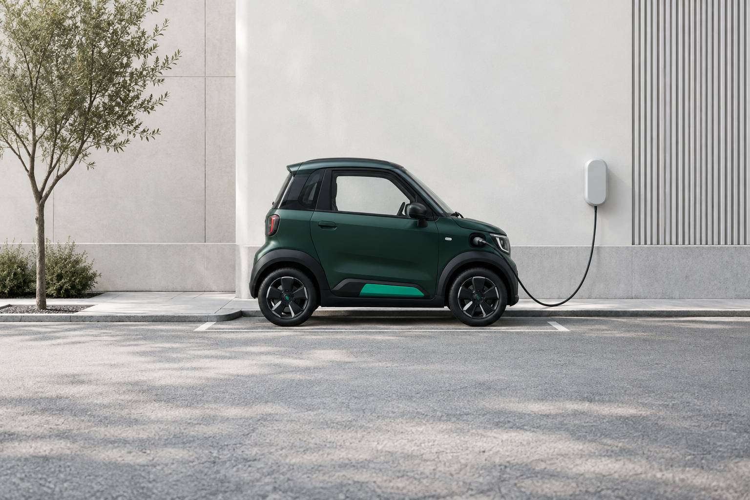 Petit quadricycle urbain electrique en charge sur une place de stationnement