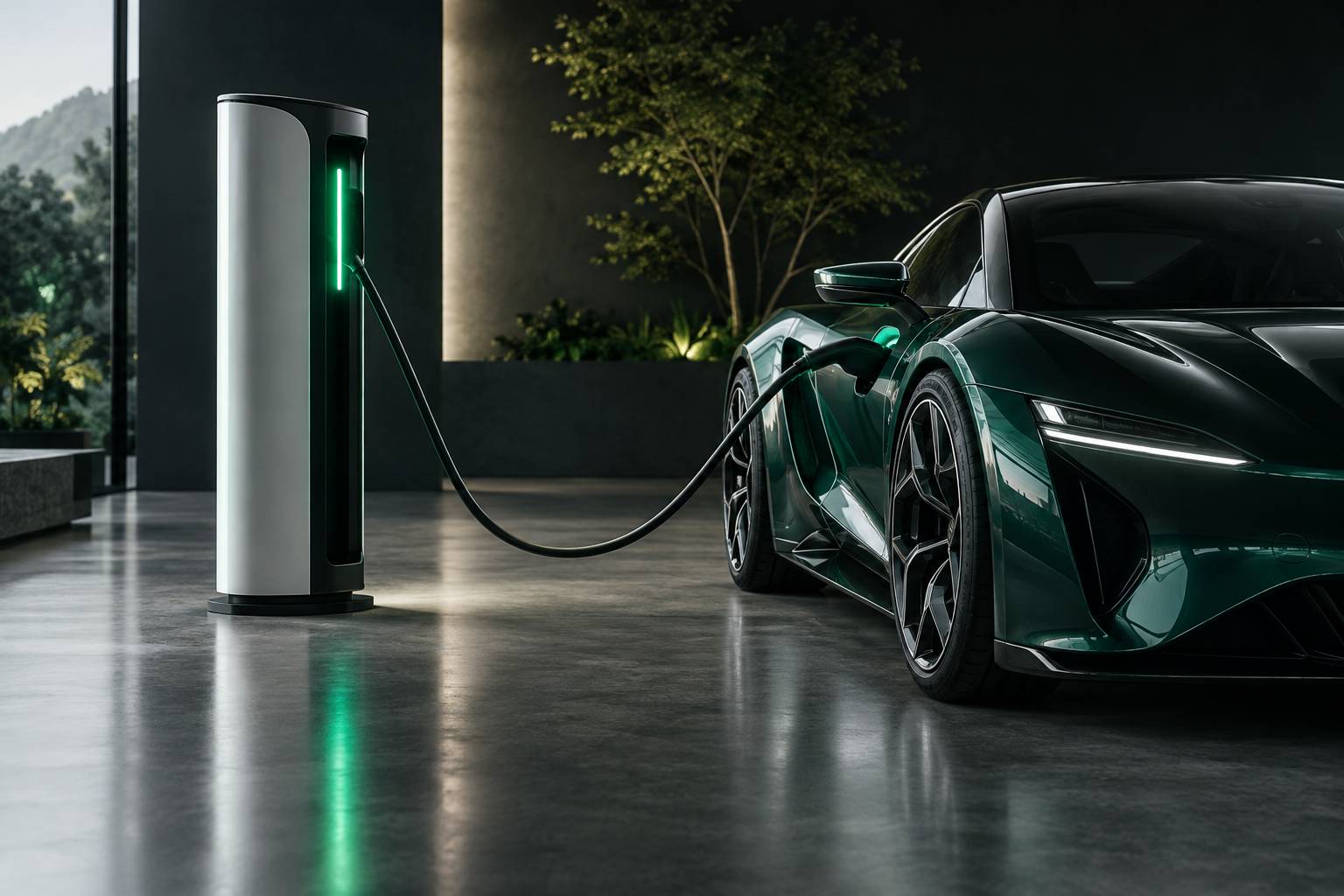 Borne de recharge sobre et aile de supercar générique avec câble branché