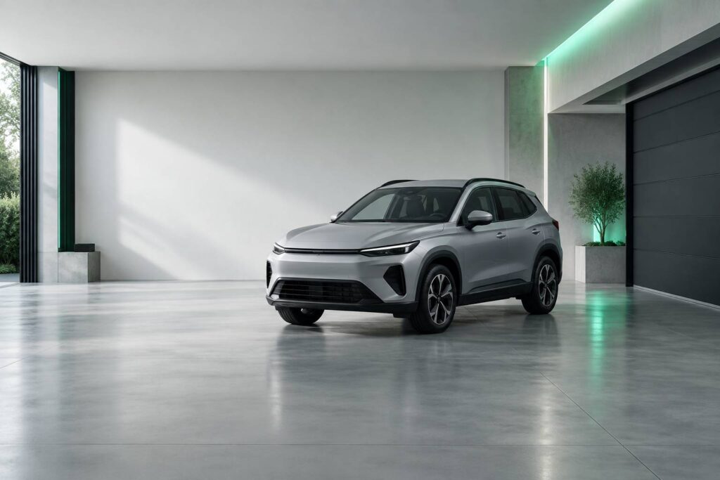 SUV compact hybride générique stationné dans un garage clair