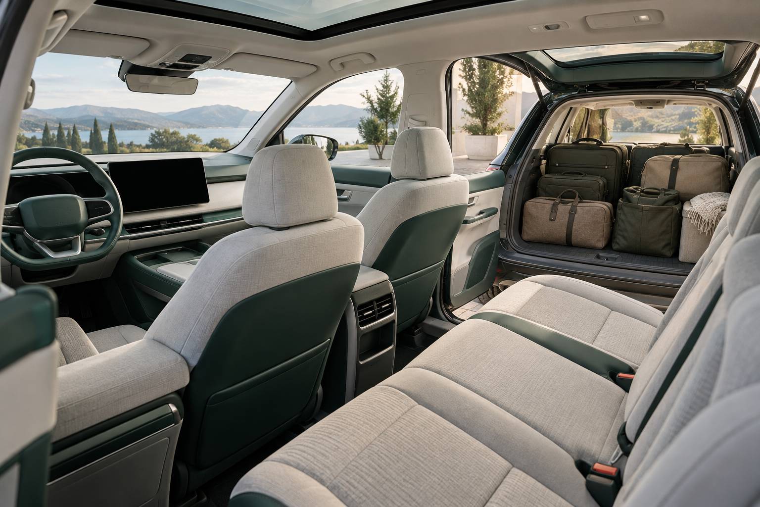 Interieur epure d'un SUV electrique avec ecran eteint et coffre ouvert