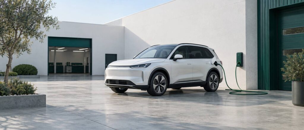 SUV familial électrique générique dans une cour d'atelier