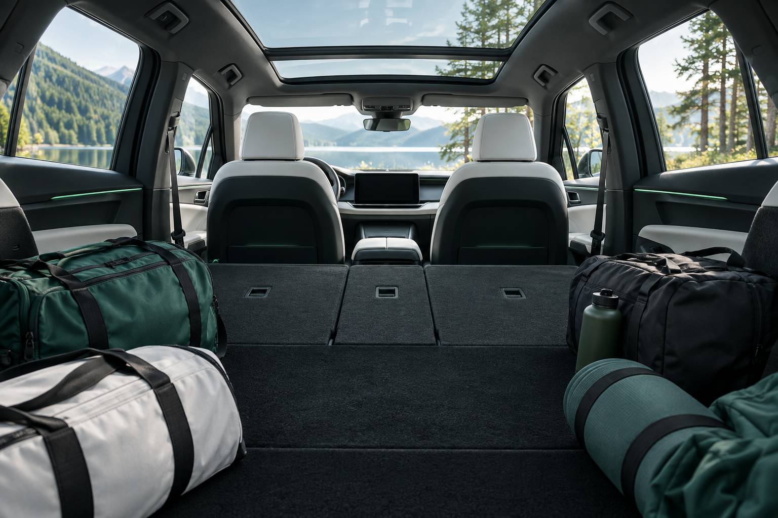 Intérieur de SUV familial avec banquette rabattue et coffre chargé