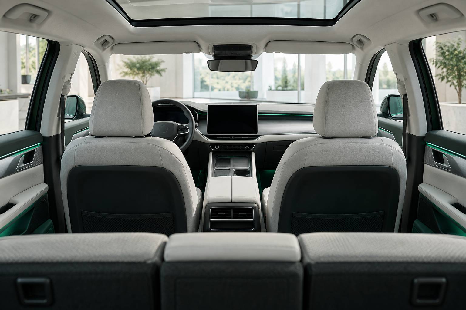 Interieur epure d'un SUV familial avec ecran central eteint