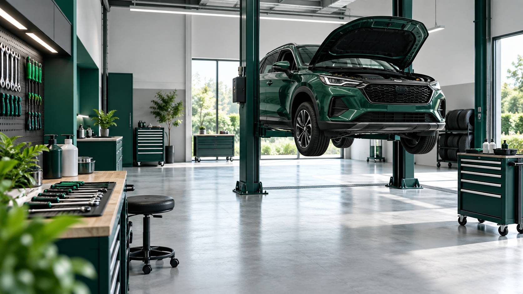 SUV compact familial anonyme sans badge devant un atelier automobile clair