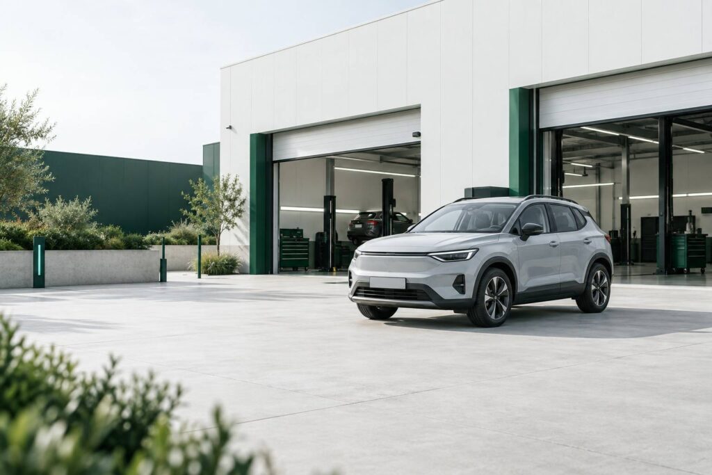 SUV compact familial anonyme sans badge devant un atelier automobile clair