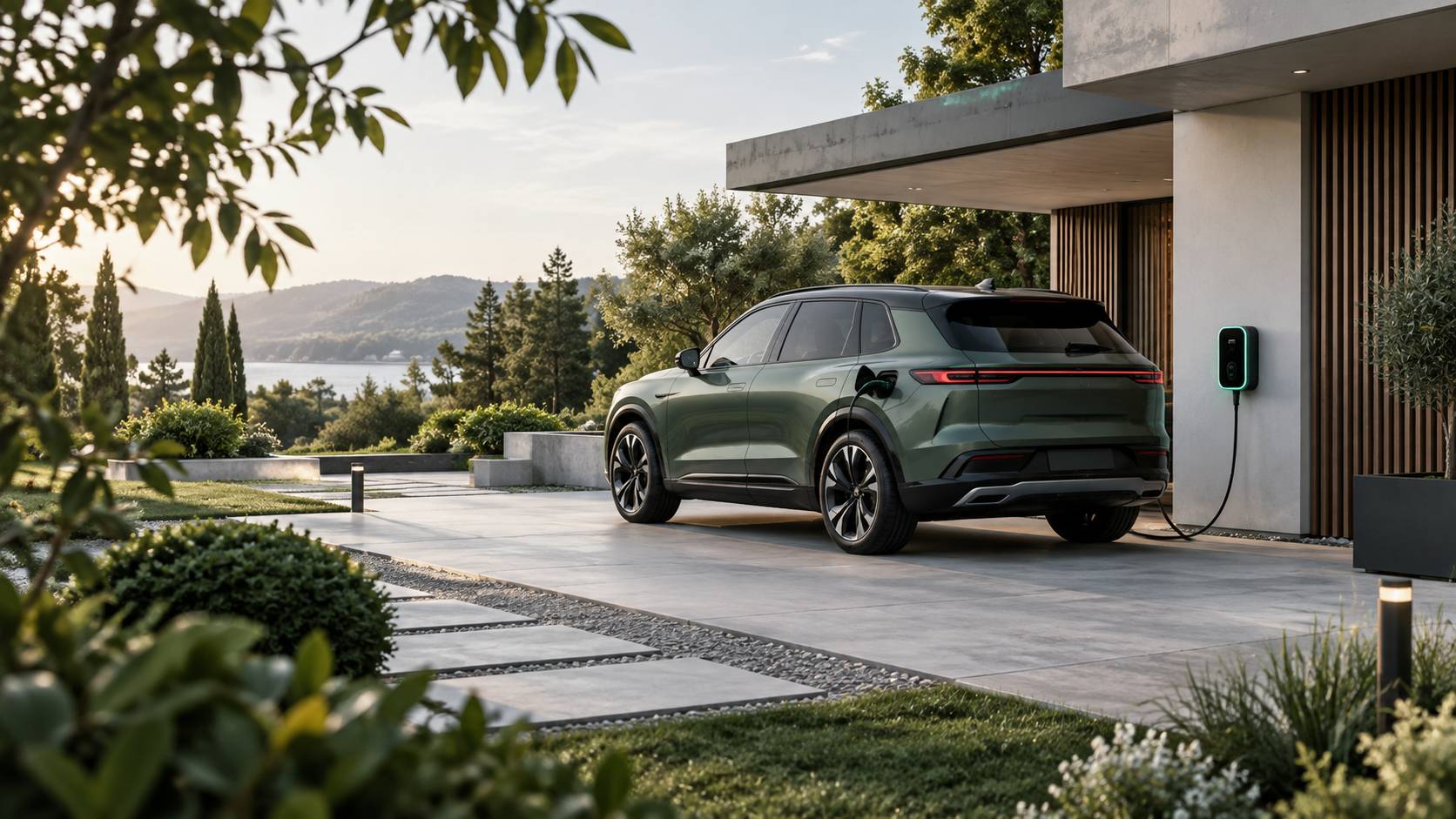 SUV hybride rechargeable branché à une borne dans une allée résidentielle