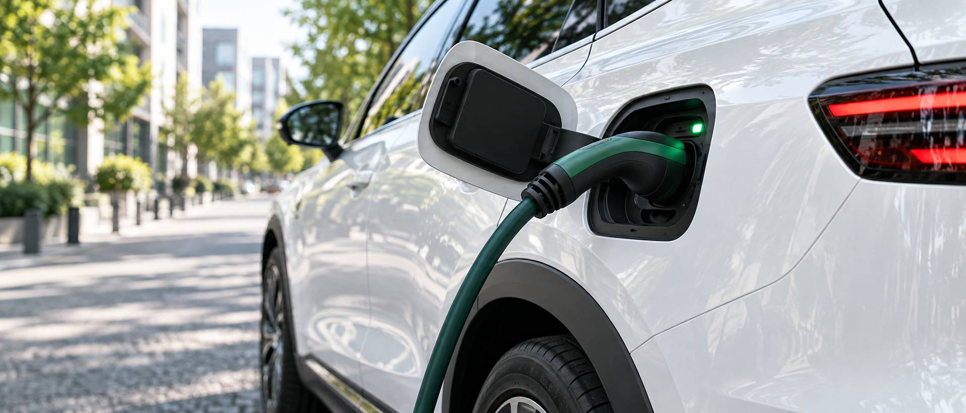 Câble de recharge branché sur la trappe d'un SUV avec diode verte allumée