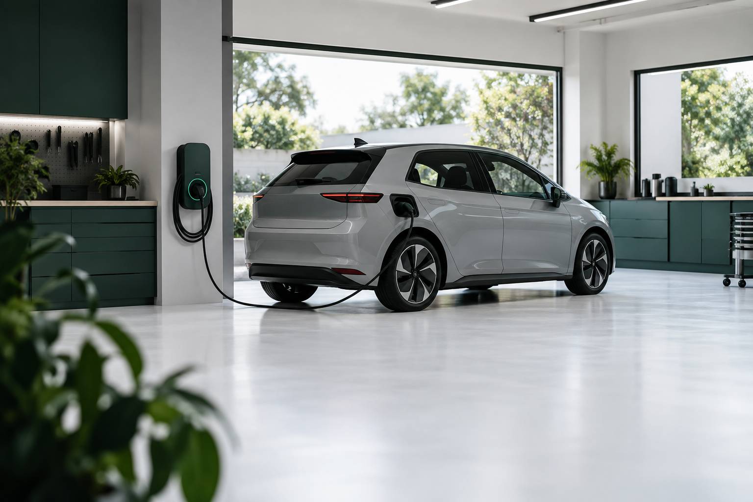 Voiture compacte neutre branchee a une borne de recharge sobre