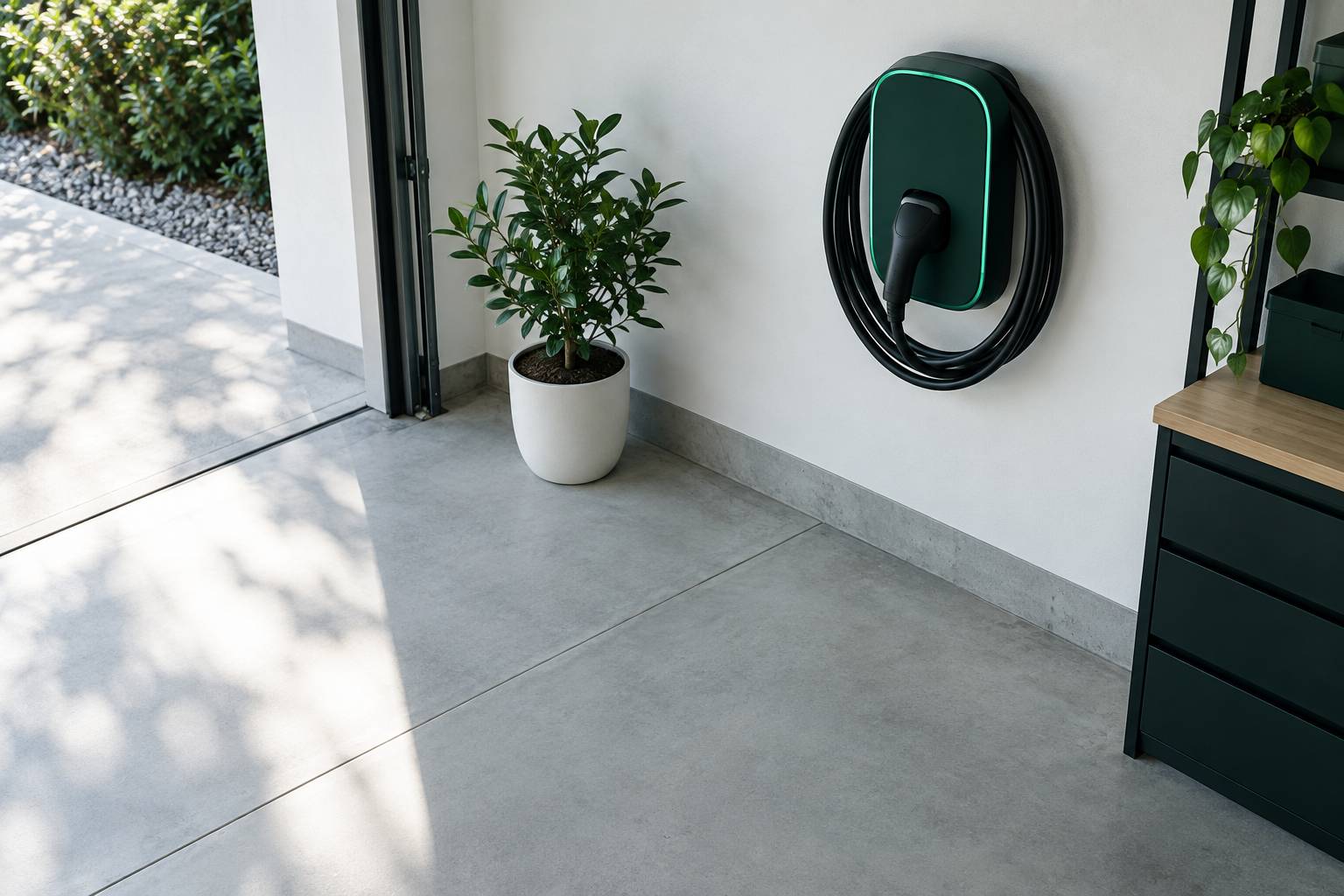 Poste de recharge domestique fixé sur un mur de garage clair