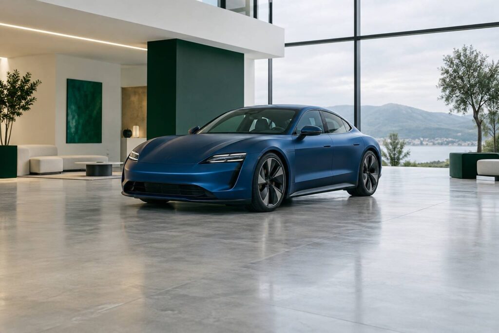Voiture de sport electrique anonyme stationnee de trois quarts sur sol clair