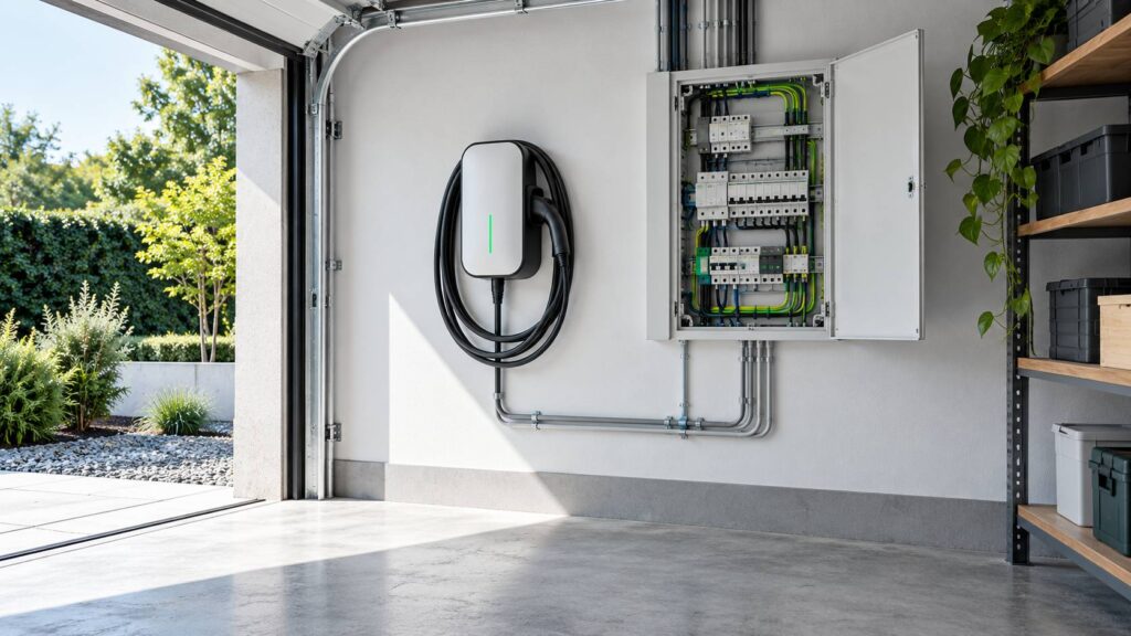 Borne de recharge murale générique avec câble enroulé près d'un tableau électrique