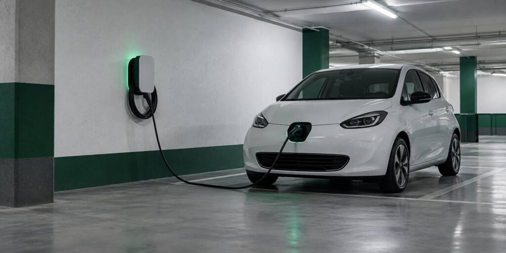 Borne de recharge murale et câble connecté à une voiture compacte neutre dans un sous-sol