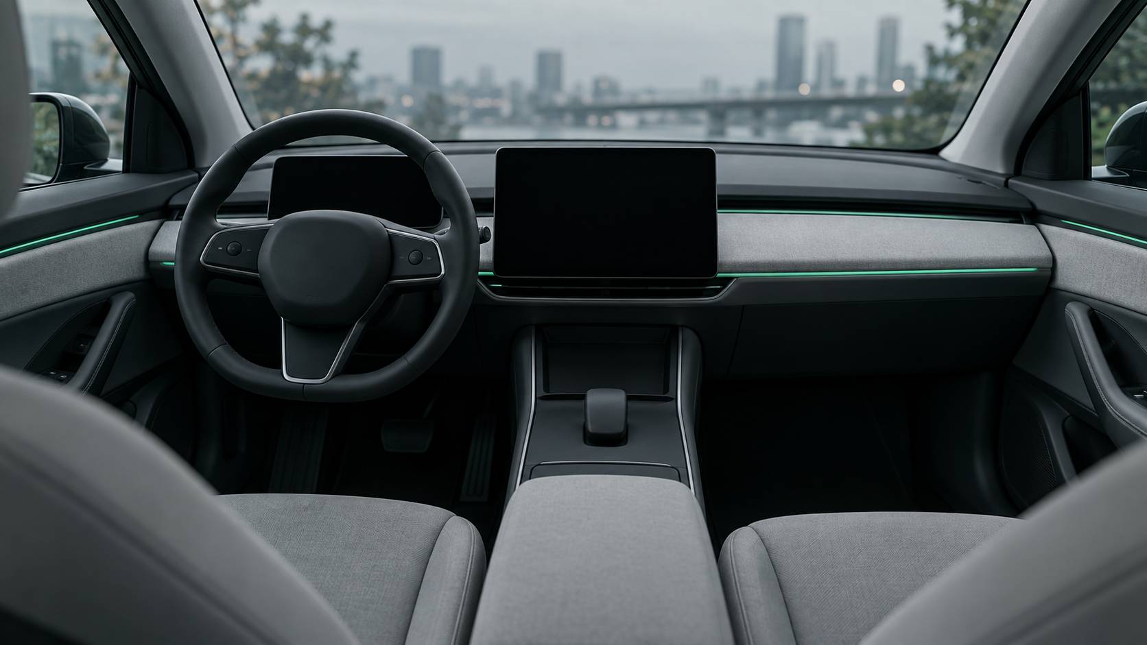 Habitacle sobre d'une voiture electrique aux ecrans eteints sans inscription