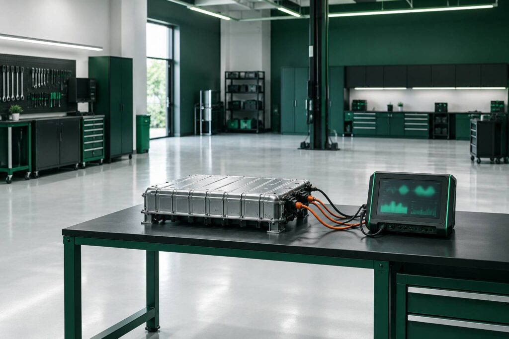 Batterie de traction générique sur un établi d'atelier reliée à un appareil de diagnostic