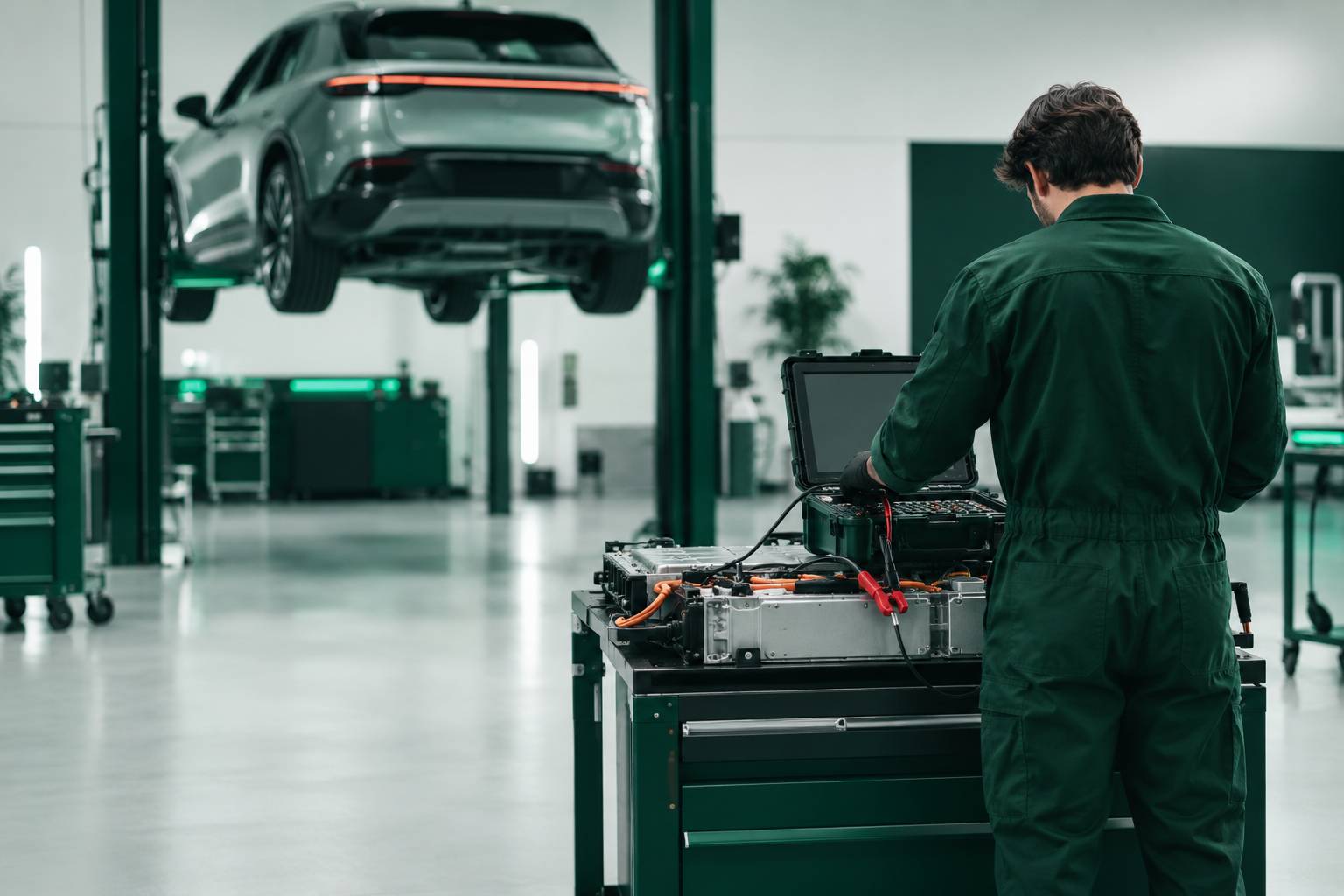 Technicien générique contrôlant une batterie de véhicule électrique en atelier